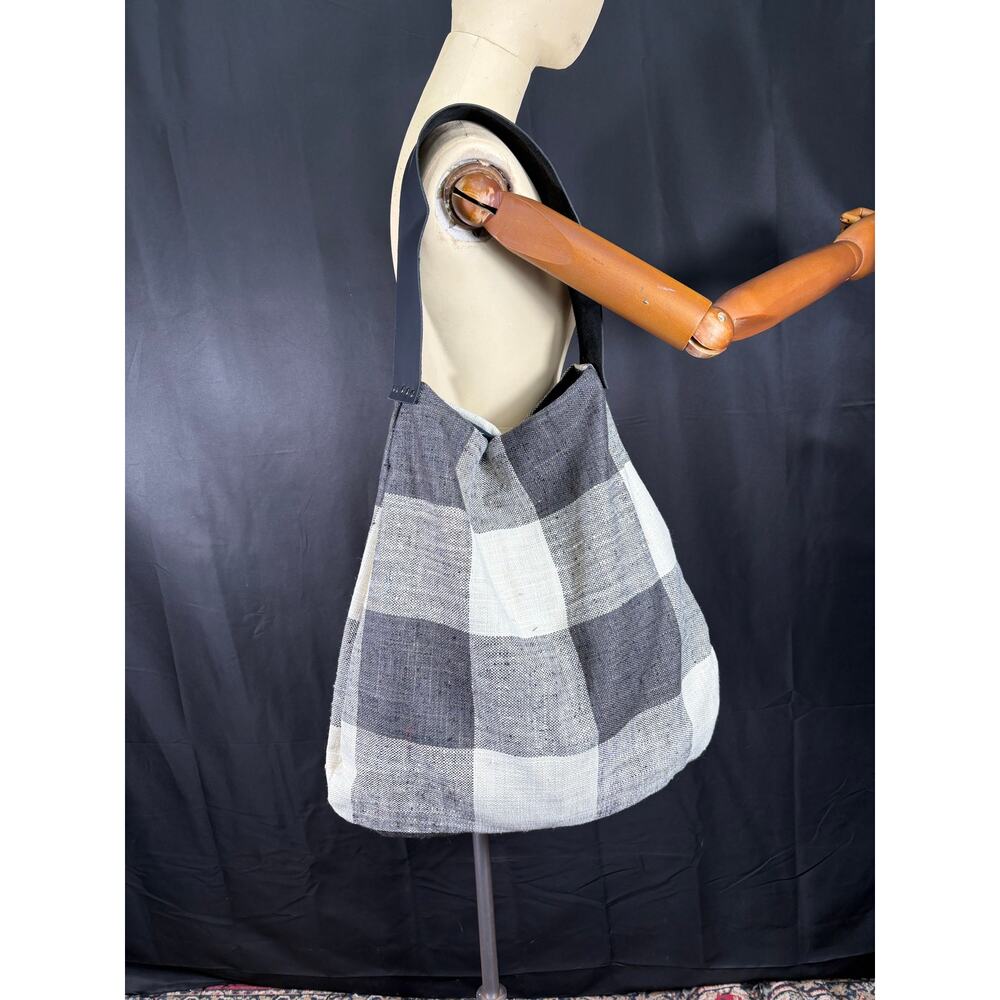 Large Handmade Hobo Bag Black & White Buffalo Plaid Purse Leather Strap Pocket